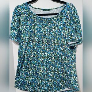Babydoll Pleated Short Sleeve Floral Tee - Blue & Green